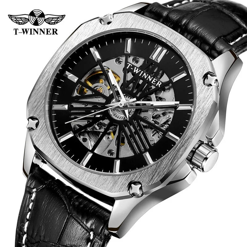 T-Winner Men’s Automatic Mechanical Watch – Leather Strap Hollow Flywheel Design