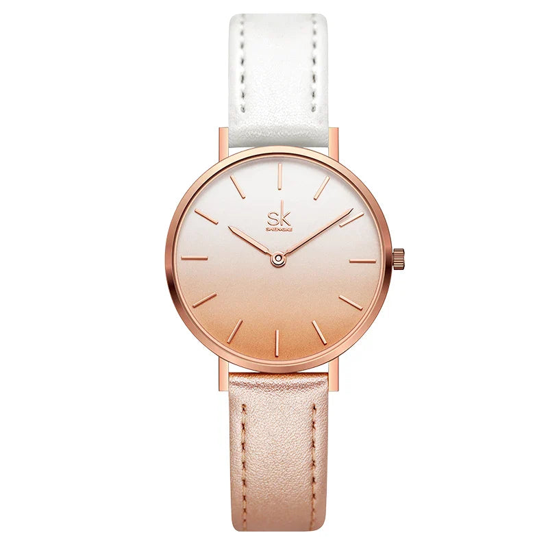 SK Women’s Quartz Watch – Cute Shell Dial, Leather Strap, 32MM Waterproof Wristwatch