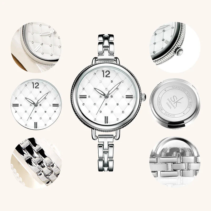 SK Women’s Luxury Alloy Bracelet Watch – Round Quartz Waterproof Wristwatch