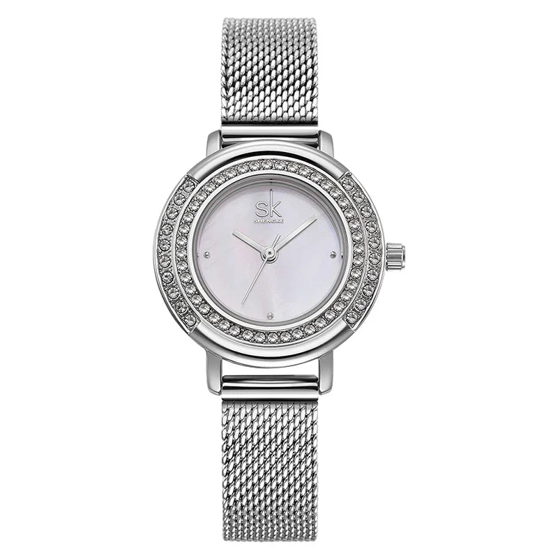SK Elegant Women’s Quartz Watch – Luxury Waterproof Wristwatch with Steel Mesh Band