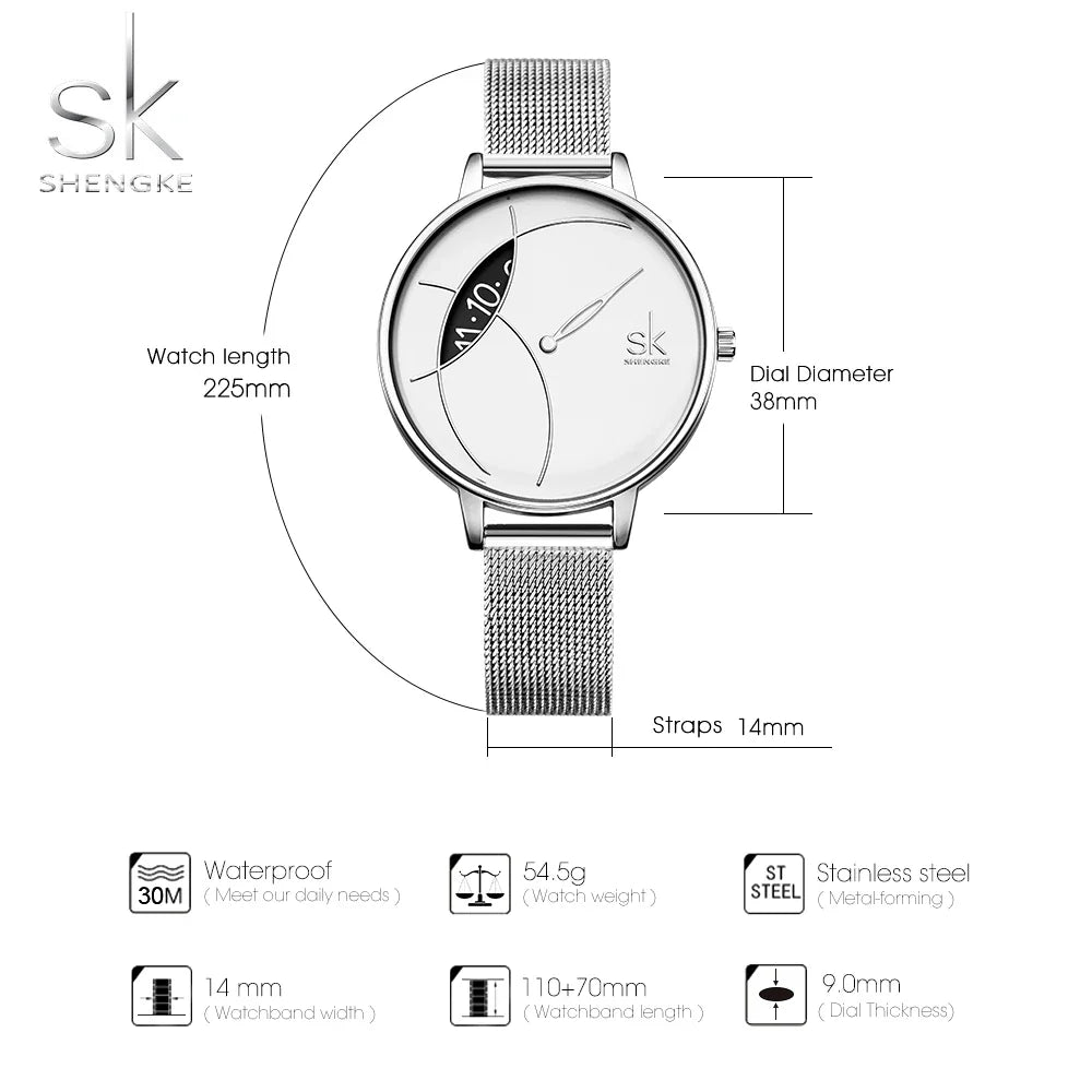 SK Women’s Quartz Watch – Stylish Stainless Steel Mesh & Leather Casual Timepiece