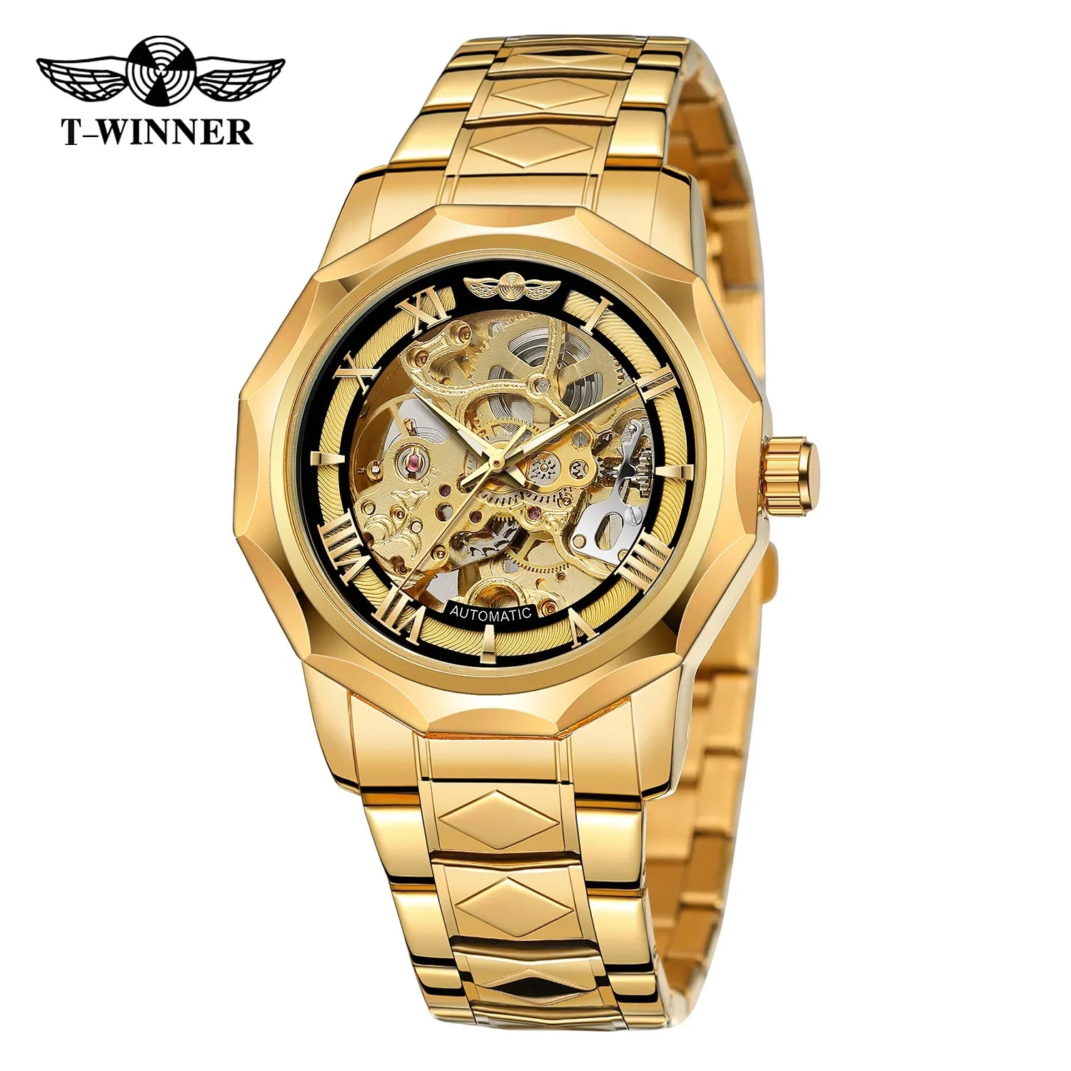 T-Winner Men’s Mechanical Watch – Luxury Hollow Polygonal Dial Stainless Steel Band
