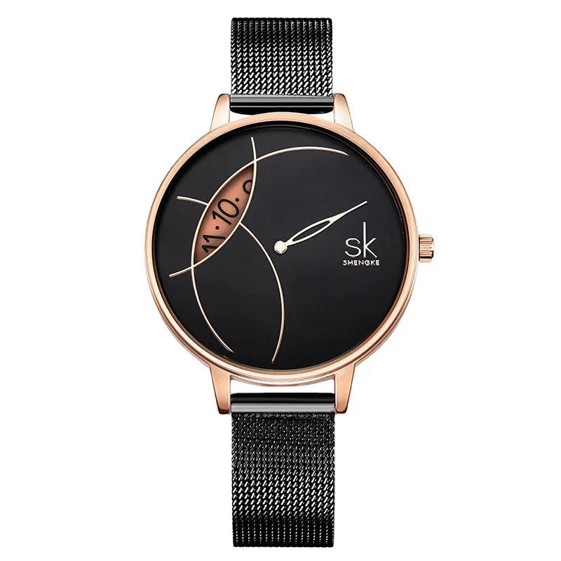 SK Women’s Quartz Watch – Stylish Stainless Steel Mesh & Leather Casual Timepiece