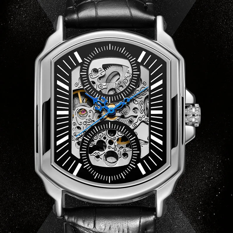 T-Winner Men’s Skeleton Mechanical Watch – Leather Strap, Automatic Business Timepiece