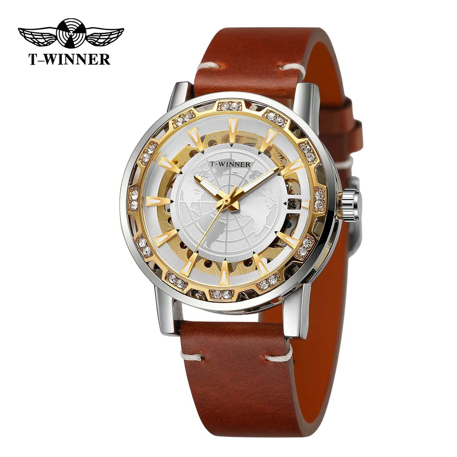 T-Winner Men’s Skeleton Mechanical Watch – Luminous Leather Strap Automatic Timepiece