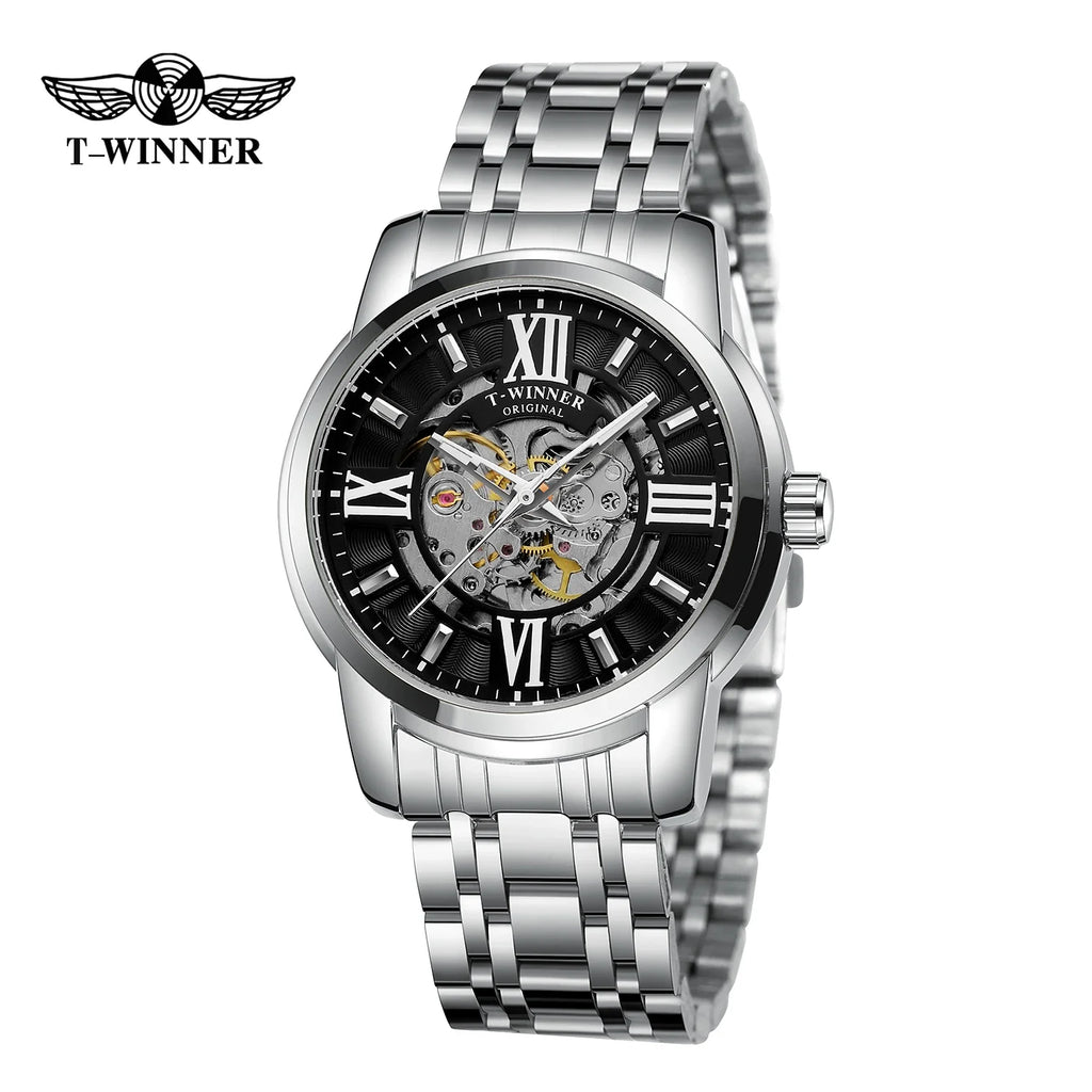 T-Winner Men’s Automatic Mechanical Skeleton Watch – Roman Numeral Stainless Steel