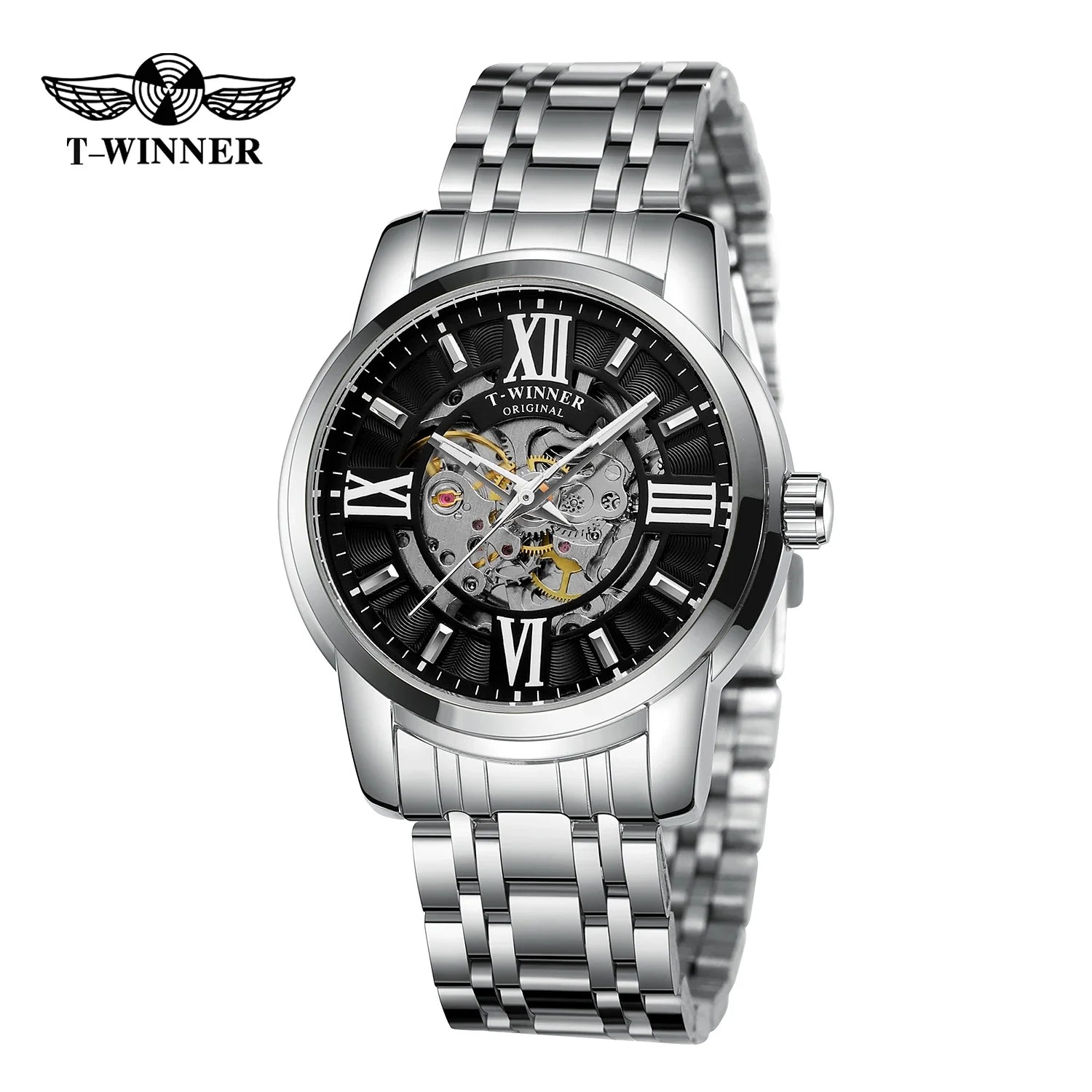 T-Winner Men’s Automatic Mechanical Skeleton Watch – Roman Numeral Stainless Steel