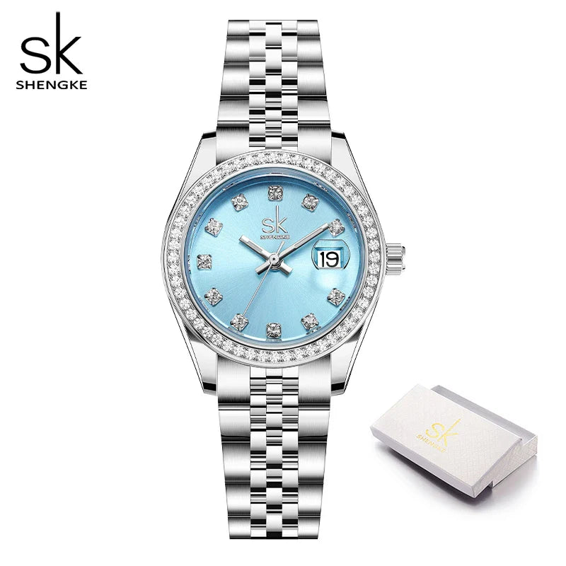 SK Women’s Crystal Quartz Watch – Stainless Steel Band, 3BAR Water-Resistant