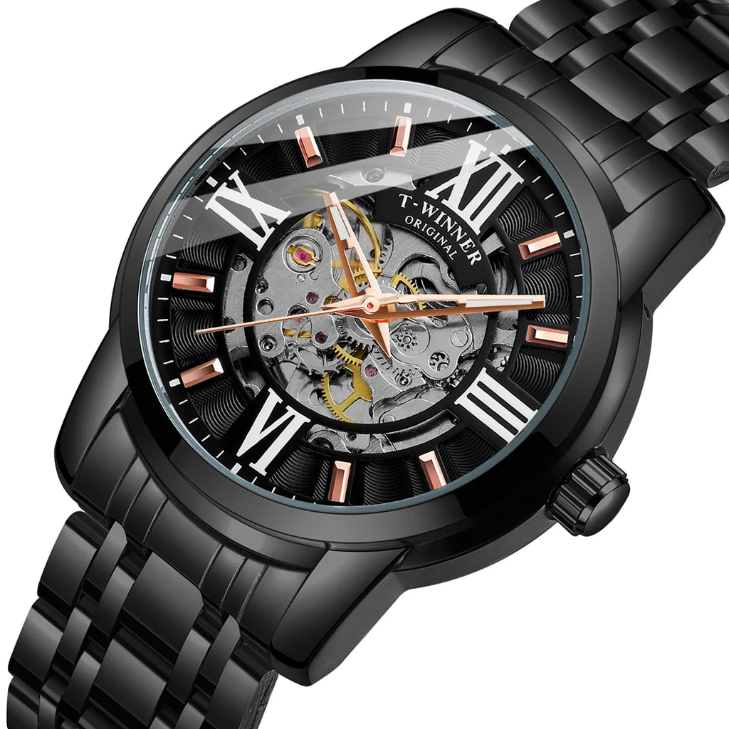 T-Winner Men’s Automatic Mechanical Skeleton Watch – Roman Numeral Stainless Steel