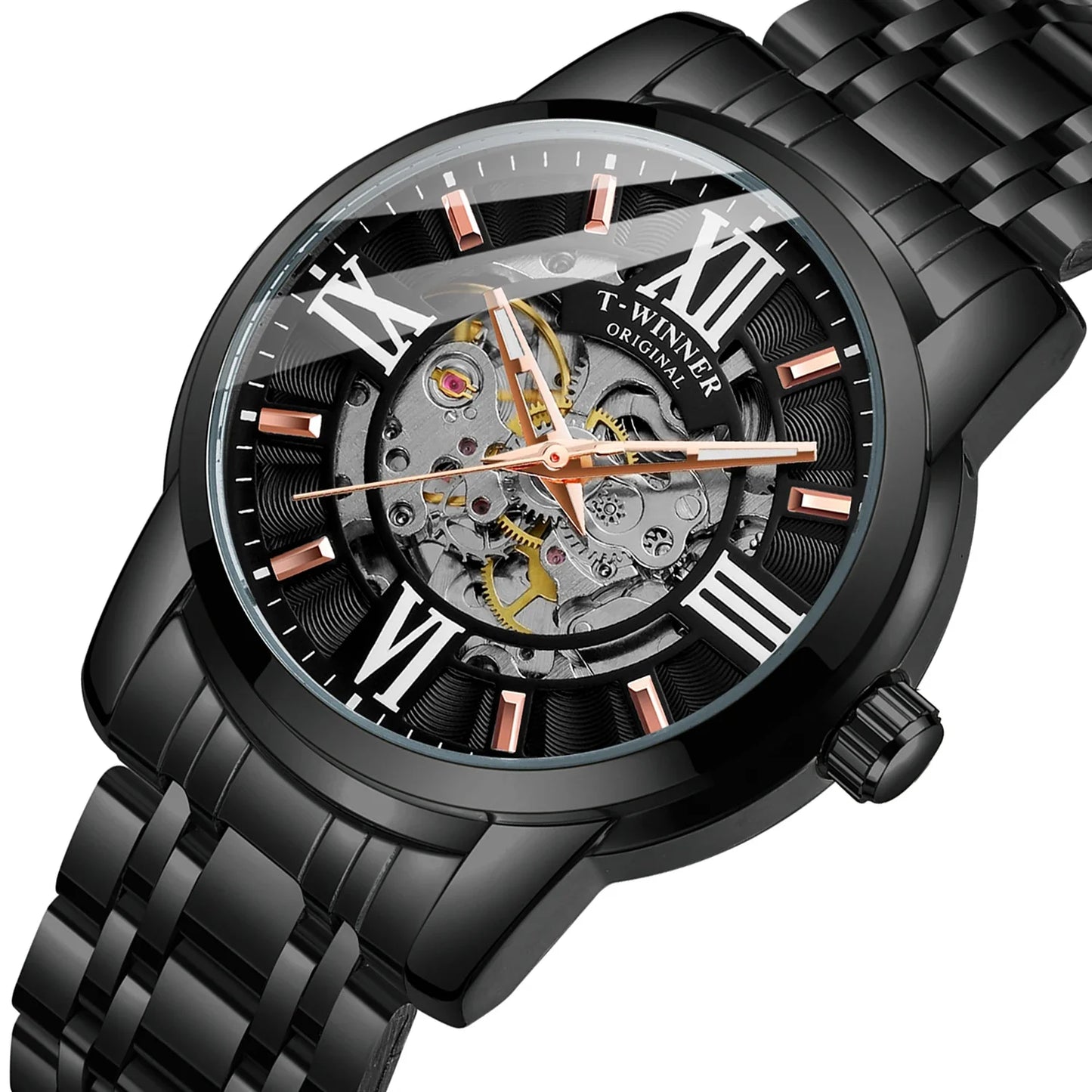 T-Winner Men’s Automatic Mechanical Skeleton Watch – Roman Numeral Stainless Steel