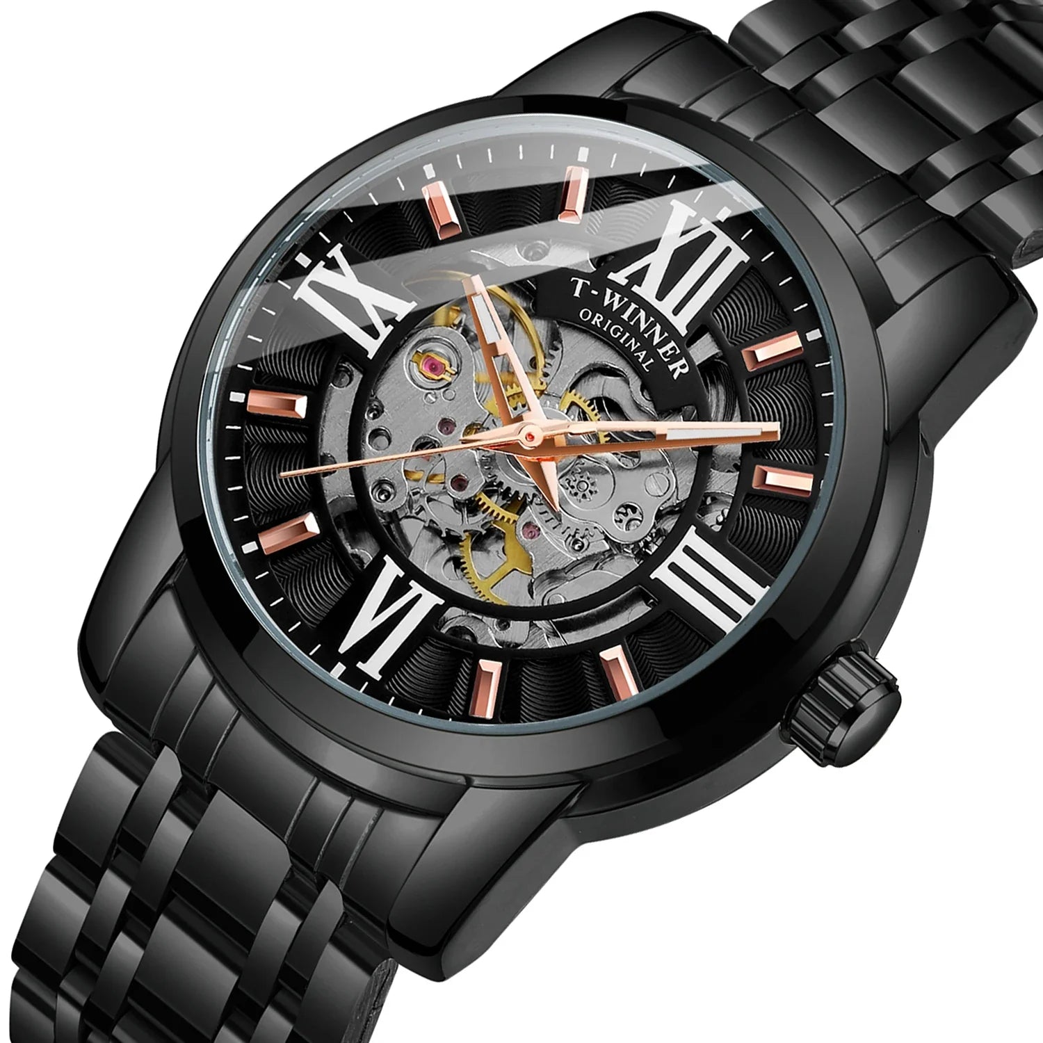 T-Winner Men’s Automatic Mechanical Skeleton Watch – Roman Numeral Stainless Steel