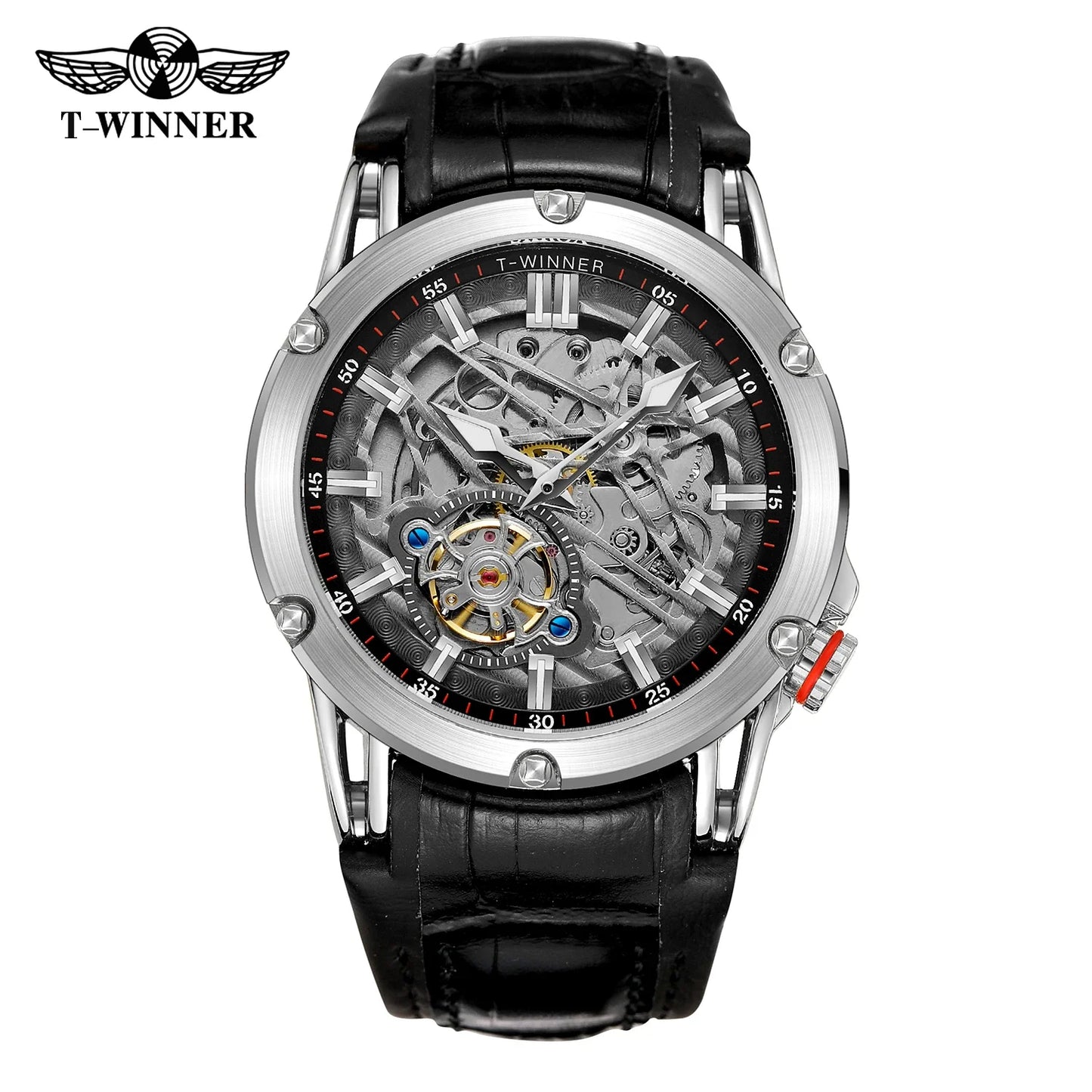 T-Winner Men’s Automatic Mechanical Watch – Elegant Leather Strap, Luminous Skeleton Dial