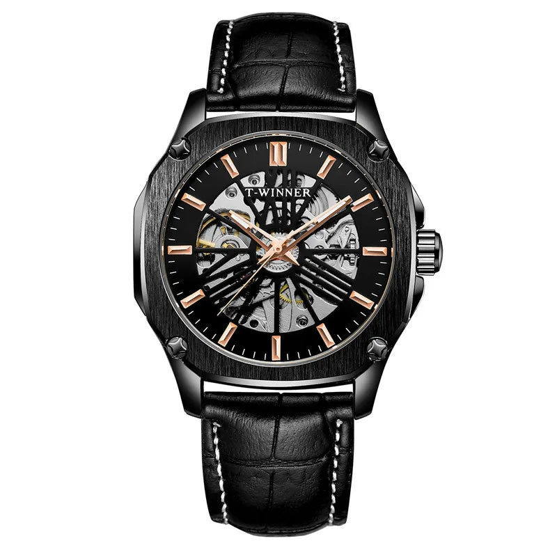 T-Winner Men’s Automatic Mechanical Watch – Leather Strap Hollow Flywheel Design