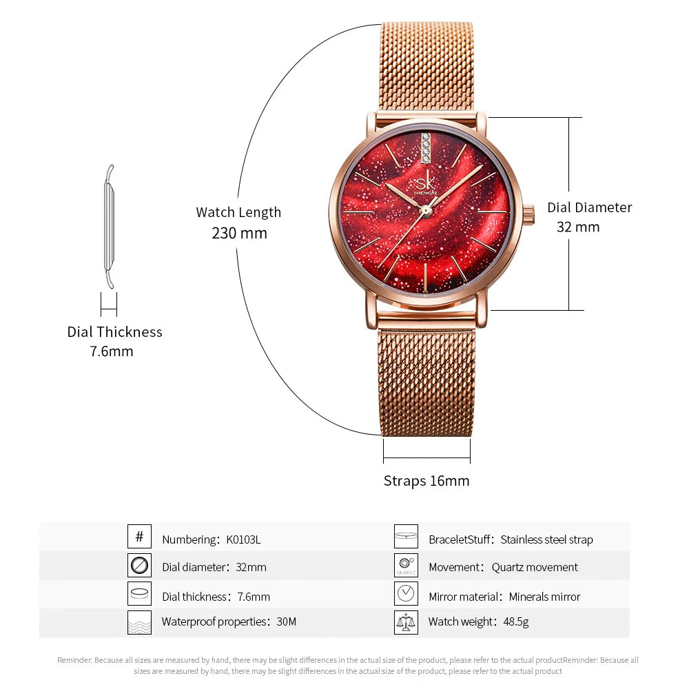 SK Women’s Quartz Watch – Starry Sky Dial, Waterproof Minimalist Lady Wristwatch