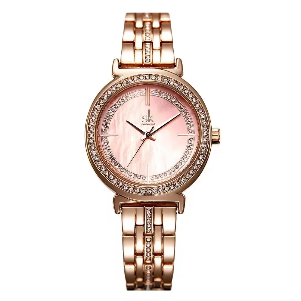SK Women’s Quartz Watch – Luxury Golden Stainless Steel Strap Analog Timepiece