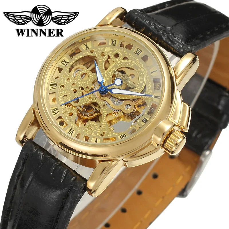 T-WINNER Women's Skeleton Watch – Automatic Mechanical Leather Strap, Fashion Timepiece