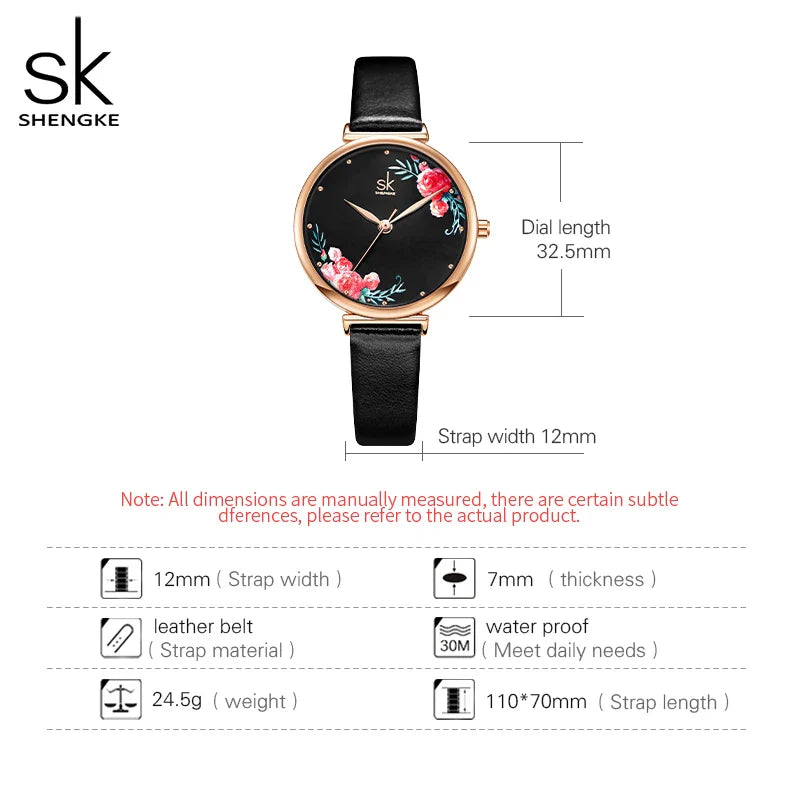 SK Women’s Classic Quartz Watch – Floral Thin Band, Elegant Round Dial Wristwatch