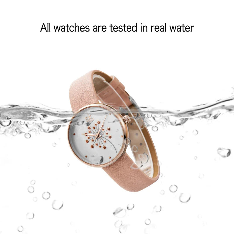 SK Floral Women’s Watch with Leather Strap – Trendy 3ATM Waterproof Timepiece