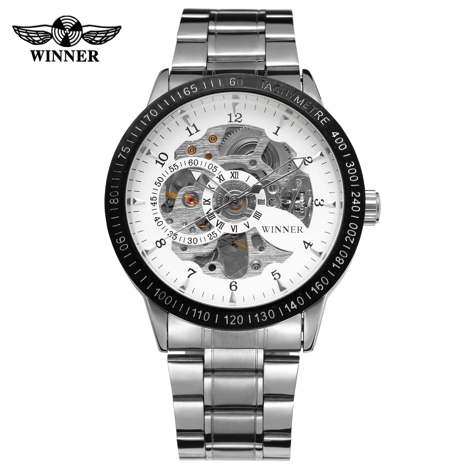 T-Winner Men’s Silver Skeleton Watch – Automatic Mechanical Sports Timepiece
