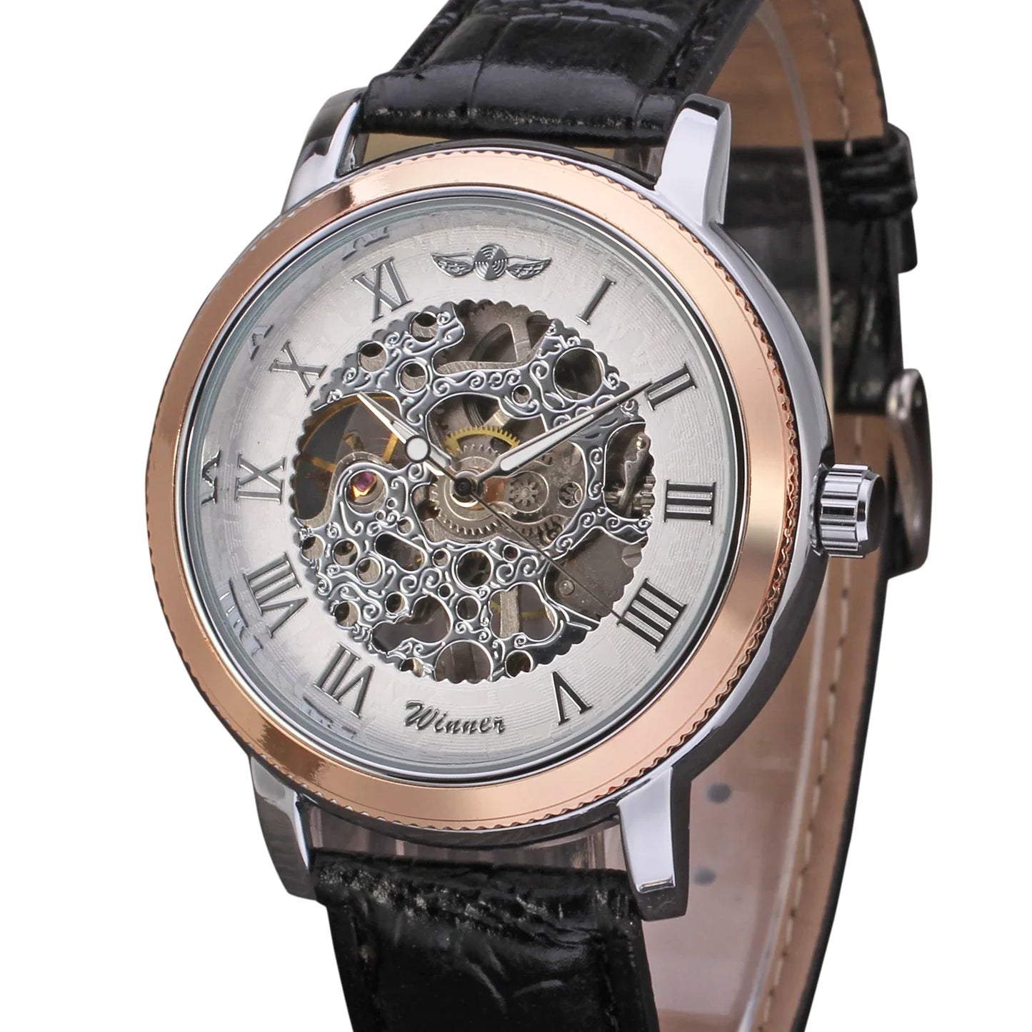 T-Winner Men's Skeleton Mechanical Watch – Leather Strap, Automatic Timepiece