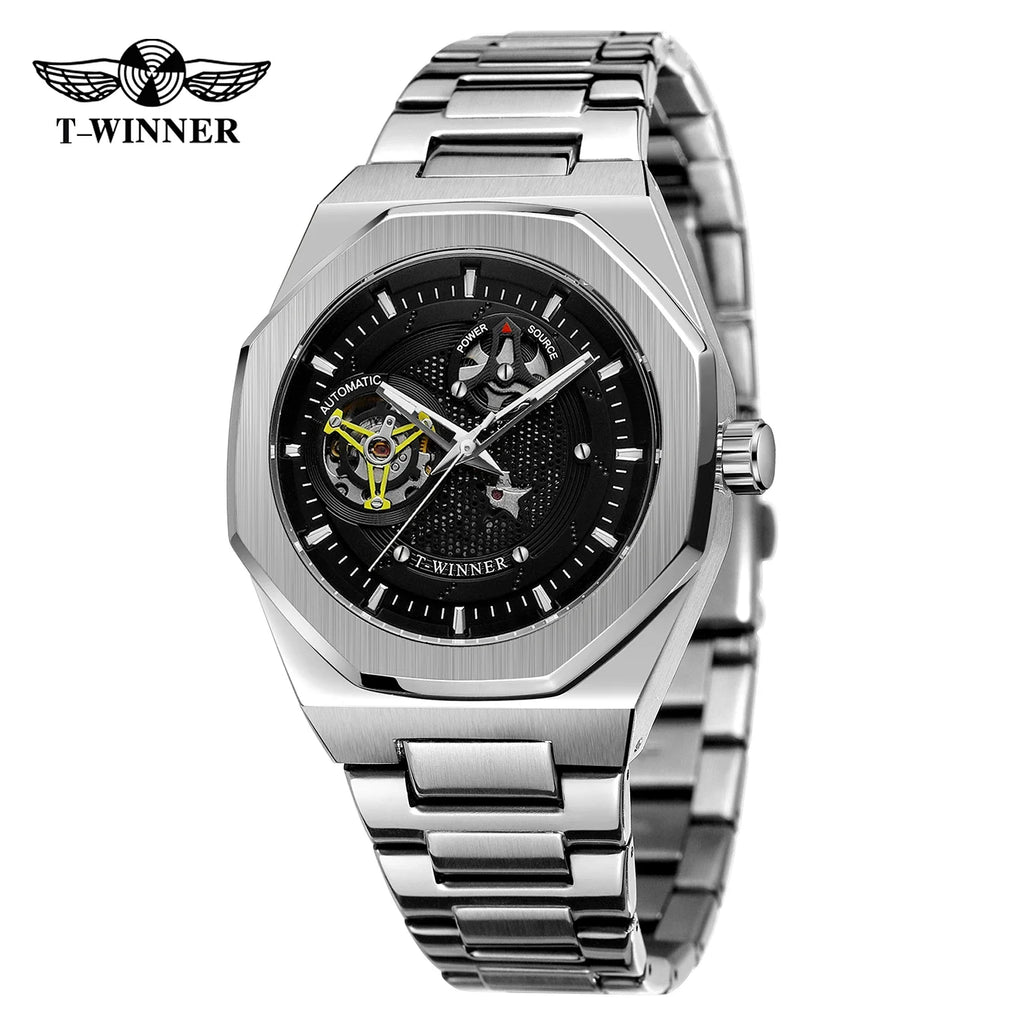 T-Winner Men's Skeleton Automatic Watch – Classic Stainless Steel Mechanical Timepiece