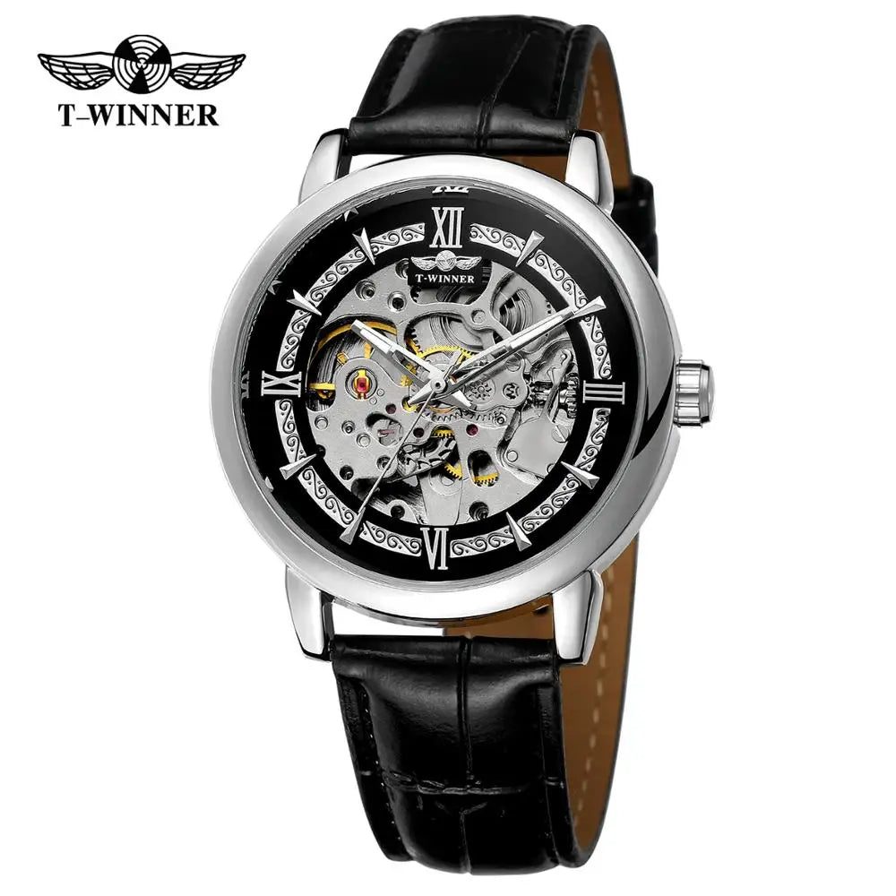 T-Winner Men’s Leather Automatic Mechanical Watch – Full Skeleton Hollow Design
