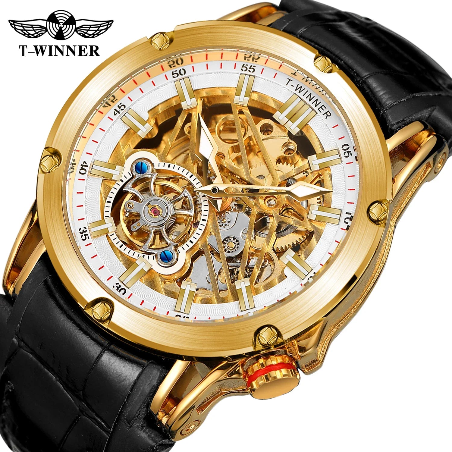 T-Winner Men’s Automatic Mechanical Watch – Elegant Leather Strap, Luminous Skeleton Dial