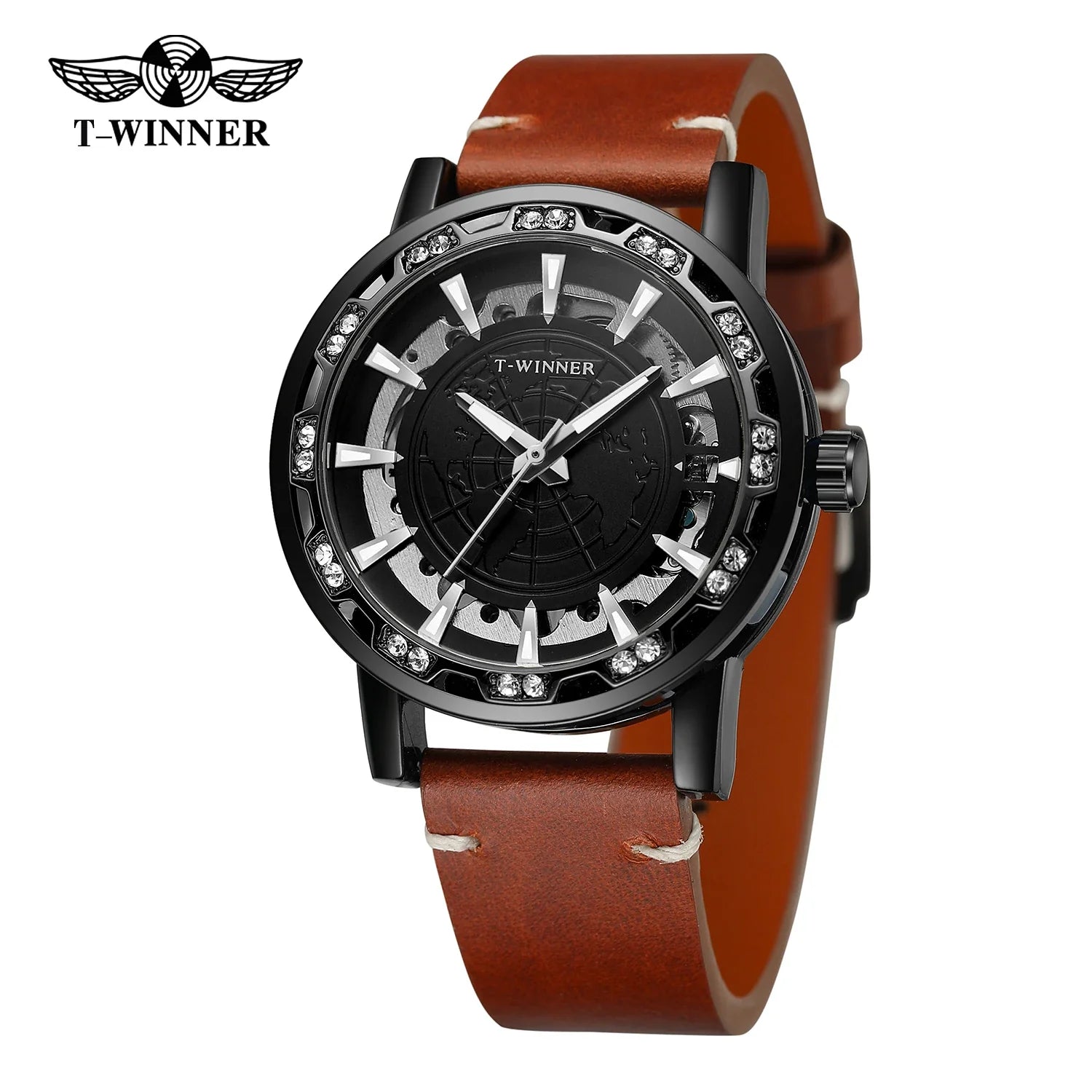 T-Winner Men’s Skeleton Mechanical Watch – Luminous Leather Strap Automatic Timepiece
