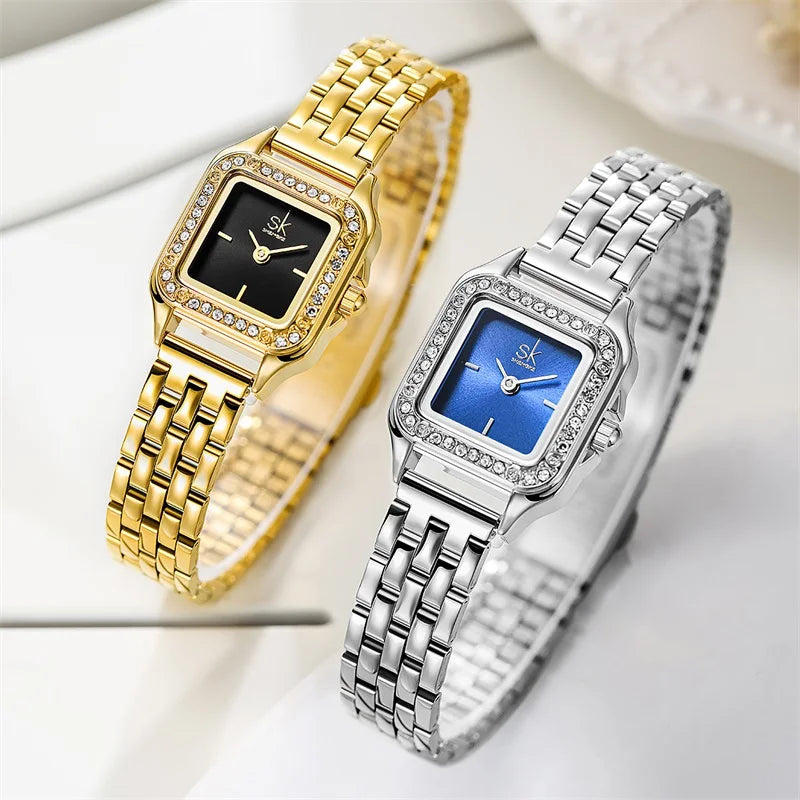 SK Women’s Quartz Watch – Elegant Square Dial with Diamond Accents, Stainless Steel Band