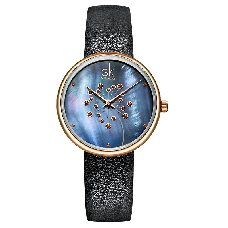 SK Floral Women’s Watch with Leather Strap – Trendy 3ATM Waterproof Timepiece