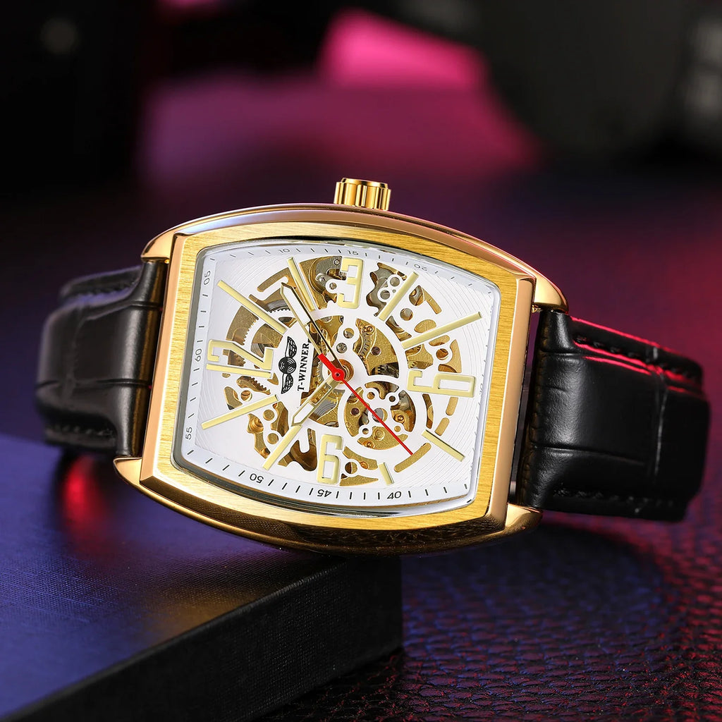 T-Winner Men’s Presidential Automatic Leather Strap Mechanical Watch – Luxury Oval Dial