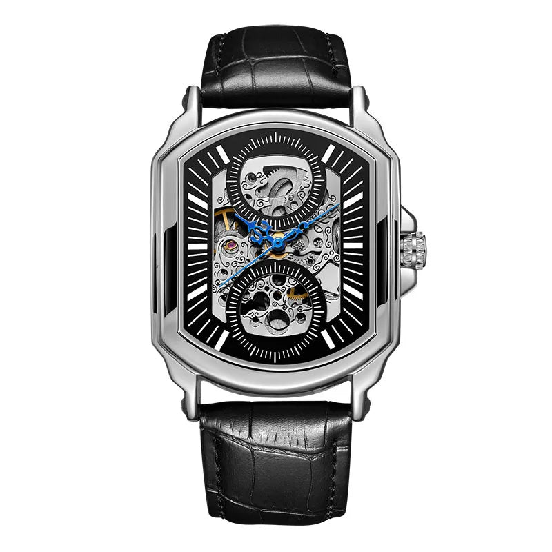 T-Winner Men’s Skeleton Mechanical Watch – Leather Strap, Automatic Business Timepiece