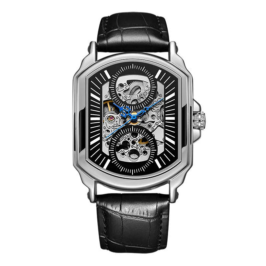 T-Winner Men’s Skeleton Mechanical Watch – Leather Strap, Automatic Business Timepiece