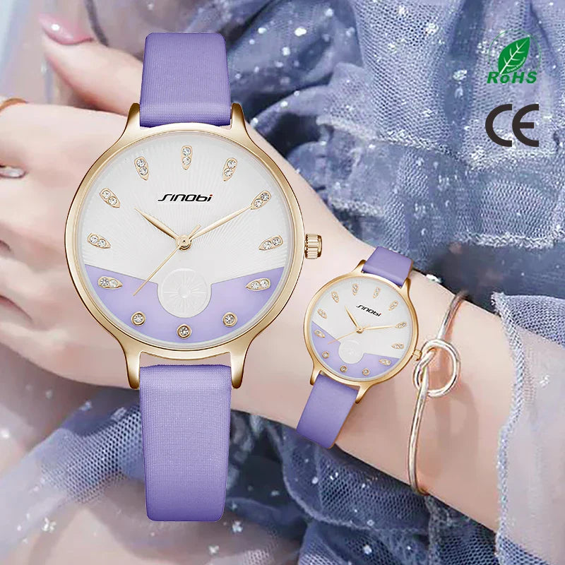 SINOBO Women's Leather Strap Quartz Watch – Waterproof Retro Style Ladies Timepiece