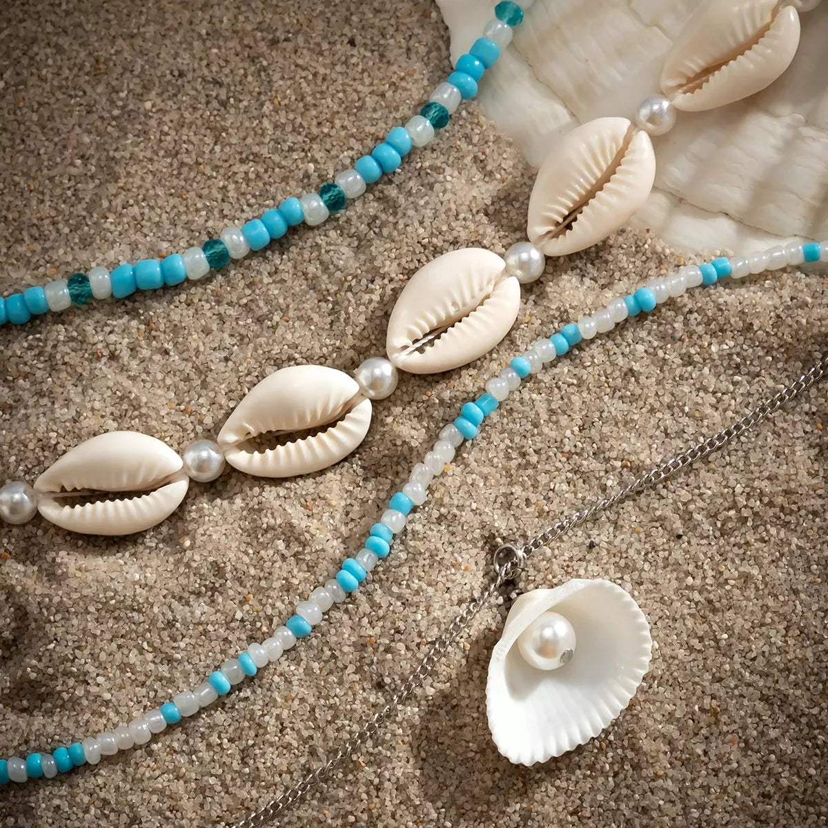 Blue Shell Harmony Dual Bead Necklace for Women – Fashionable Alloy Jewelry