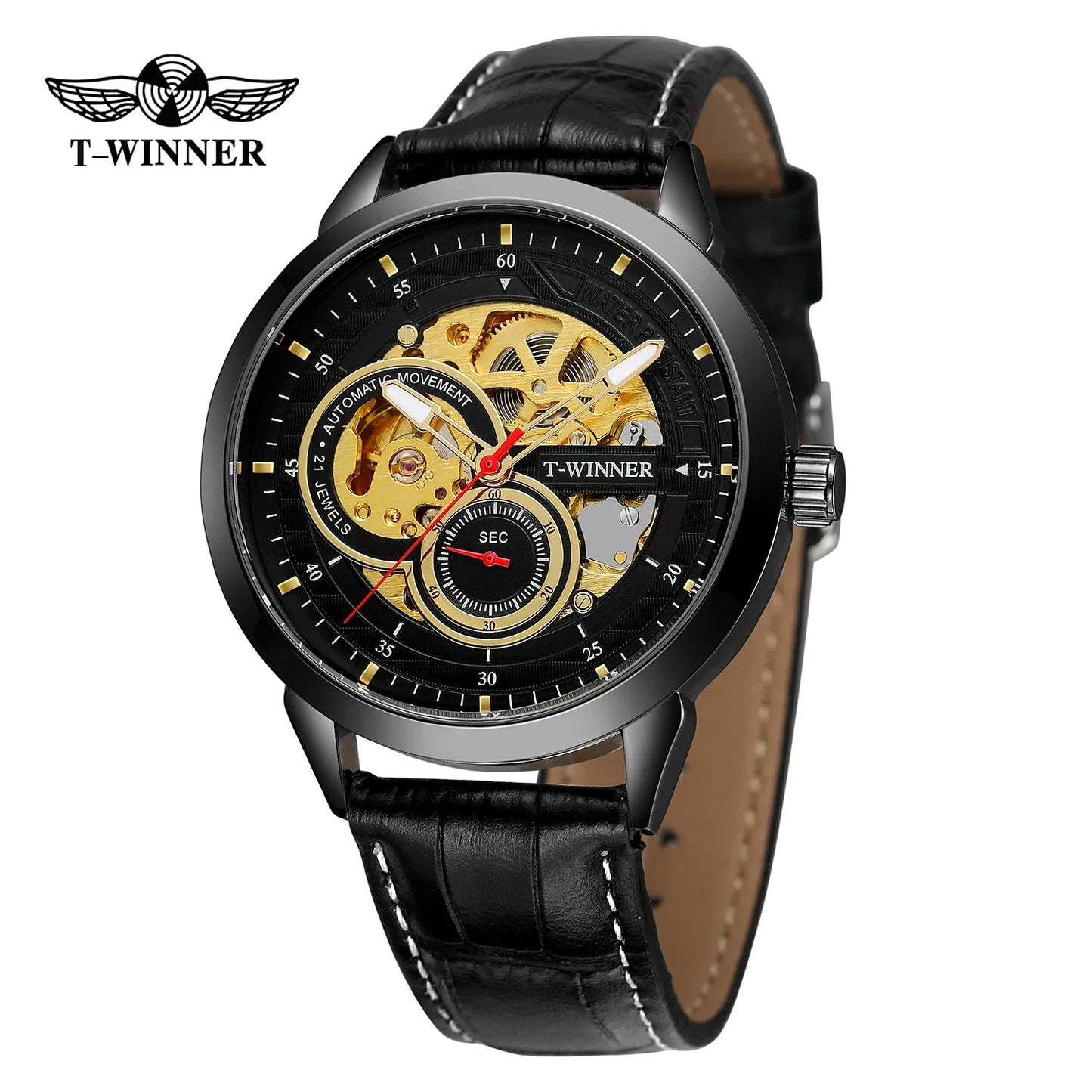 T-WINNER Skeleton Automatic Mechanical Watch for Men – Leather Strap Luxury Timepiece