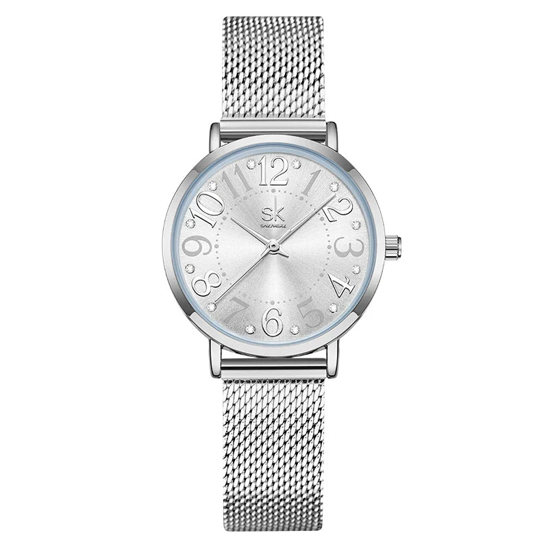 SK Women’s Quartz Watch – Stainless Steel Mesh Band, Waterproof Fashion Analog