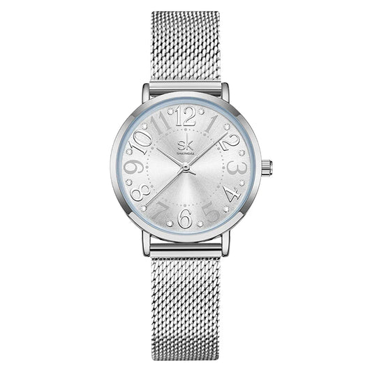 SK Women’s Quartz Watch – Stainless Steel Mesh Band, Waterproof Fashion Analog