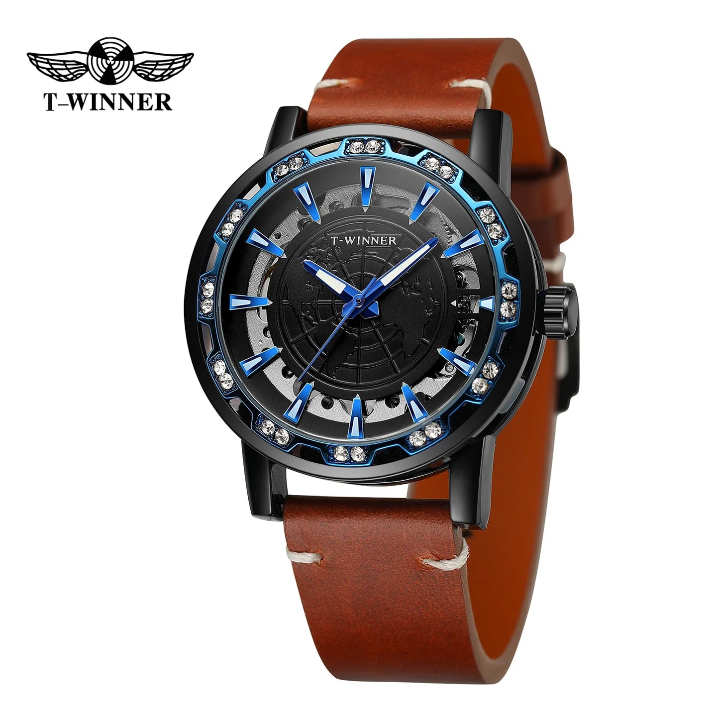 T-Winner Men’s Skeleton Mechanical Watch – Luminous Leather Strap Automatic Timepiece