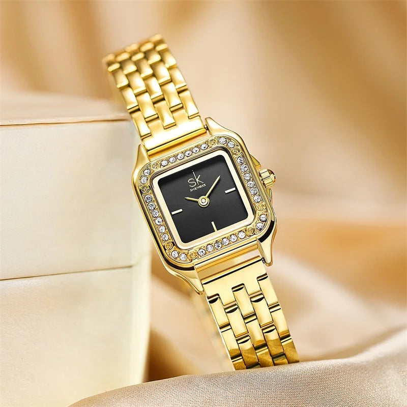 SK Women’s Quartz Watch – Elegant Square Dial with Diamond Accents, Stainless Steel Band
