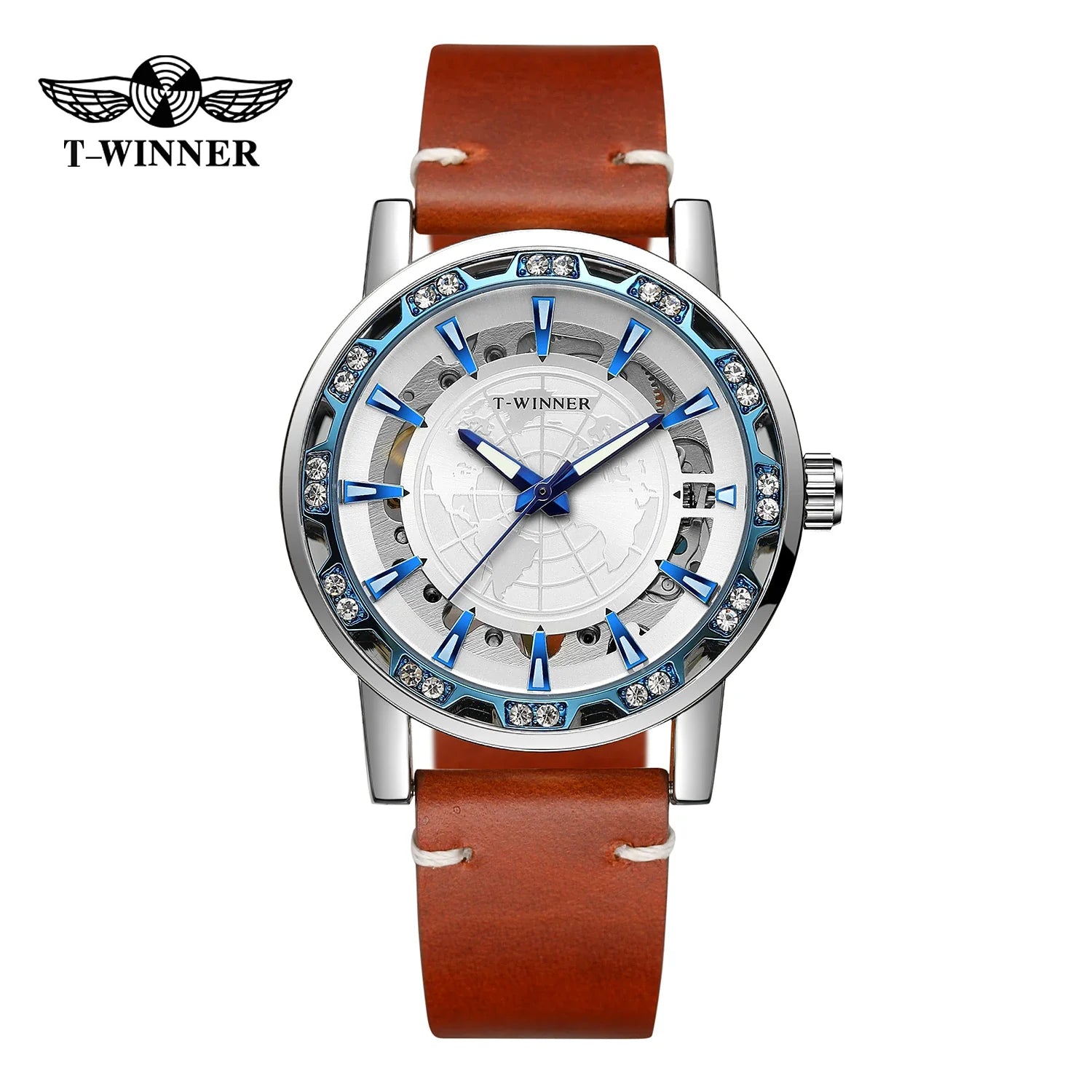 T-Winner Men’s Skeleton Mechanical Watch – Luminous Leather Strap Automatic Timepiece
