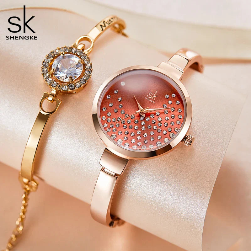 SK Women’s Quartz Watch – Diamond Accent Dial, Leather Strap, 3ATM Water Resistant