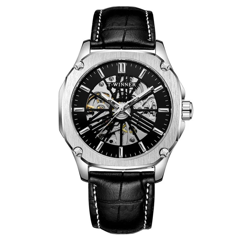 T-Winner Men’s Automatic Mechanical Watch – Leather Strap Hollow Flywheel Design