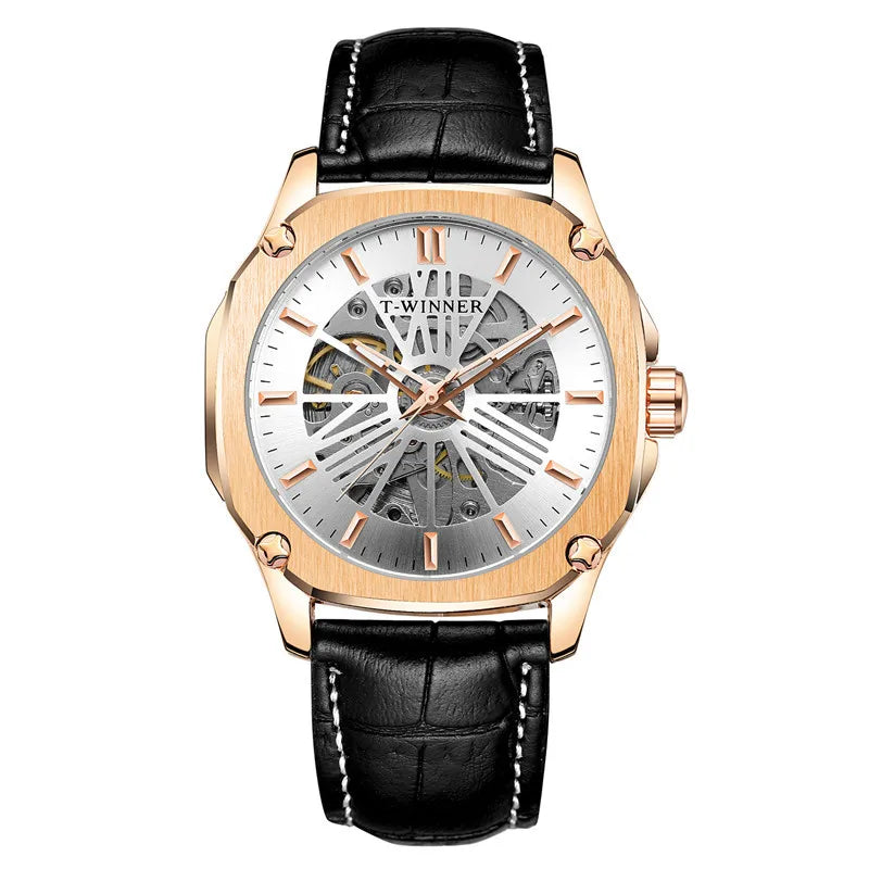 T-Winner Men’s Automatic Mechanical Watch – Leather Strap Hollow Flywheel Design