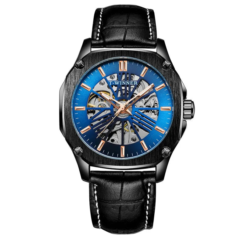 T-Winner Men’s Automatic Mechanical Watch – Leather Strap Hollow Flywheel Design