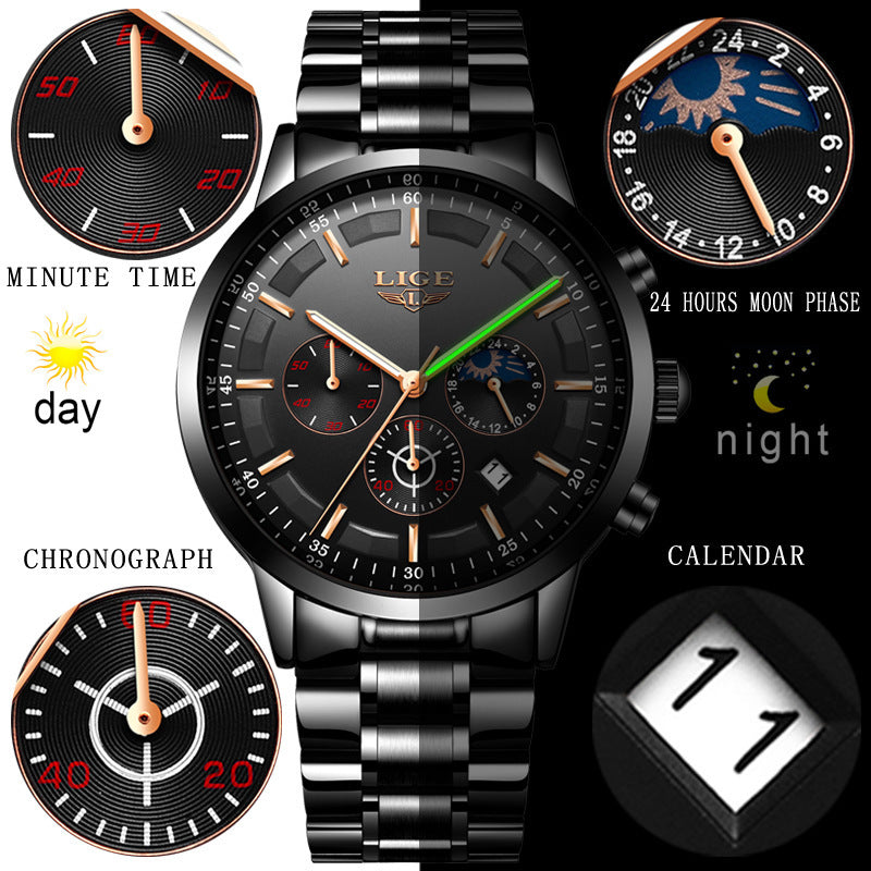 Lige 9877 Steel Moon phase Luxury quartz watch for Men