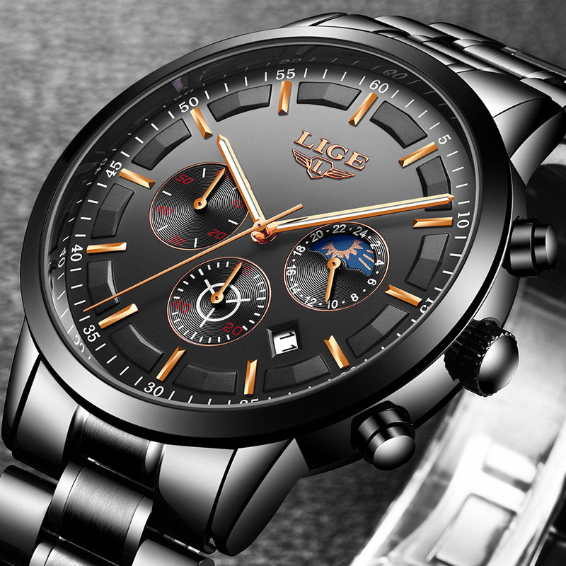 Lige 9877 Steel Moon phase Luxury quartz watch for Men