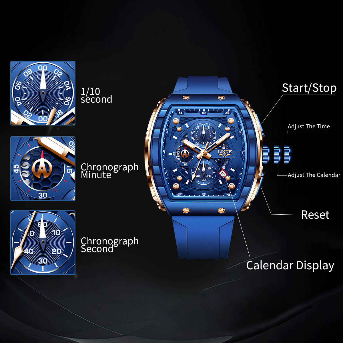 Lige Sports Multifunctional Luminous Waterproof Quartz watch for Men