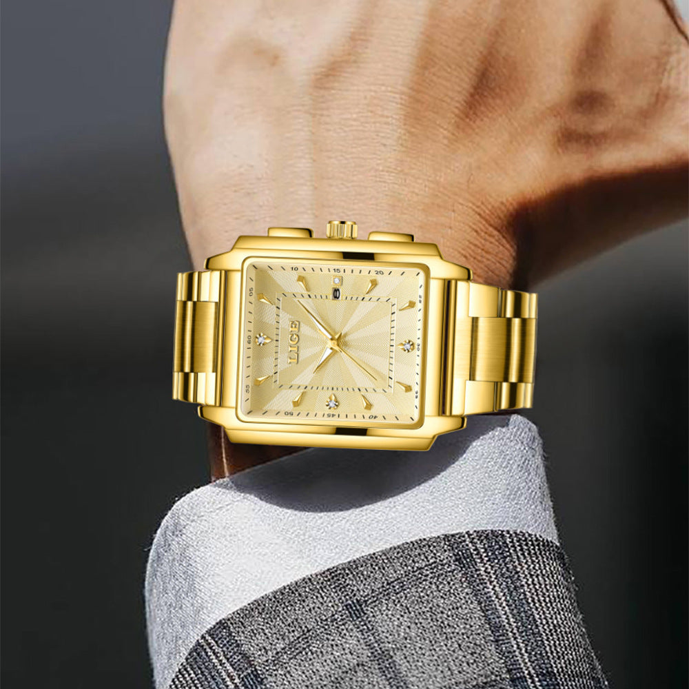 Lige Square Large Dial Steel Belt Quartz Watch for Men 89121