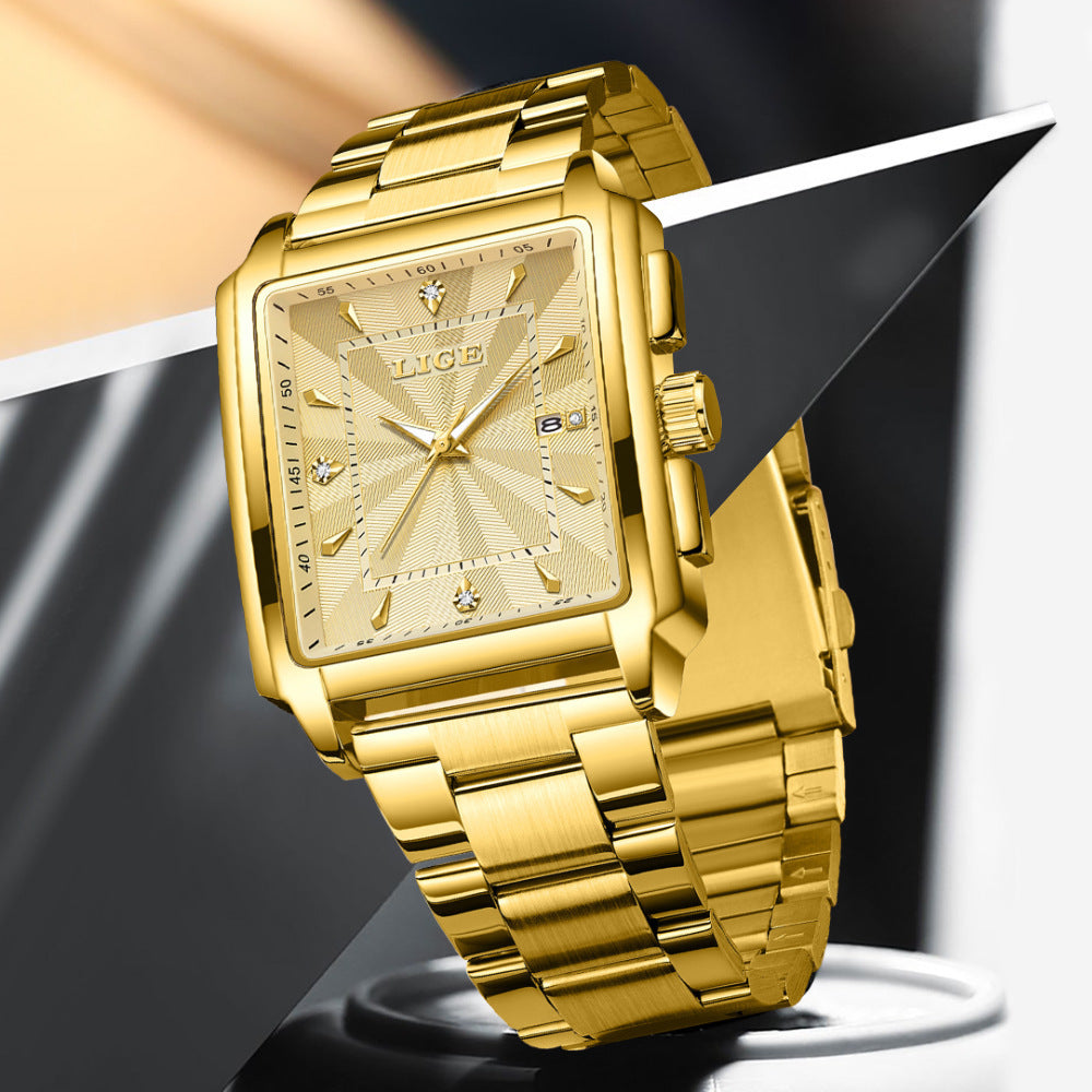 Lige Square Large Dial Steel Belt Quartz Watch for Men 89121